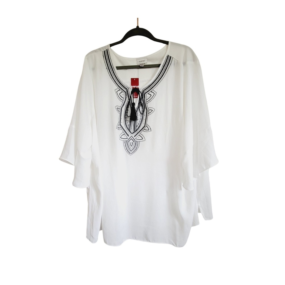 Avenue 26/28 Sheer Tassel Tie 3/4 Bell Sleeve White Blouse NWT *Missing 1 Tassel